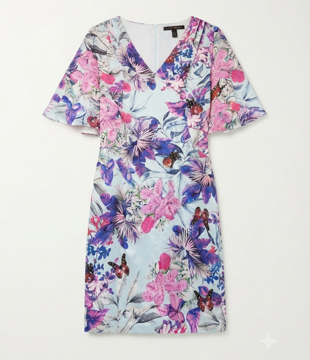 ODAY SHAKAR Silk Blend Floral Butterfly V-Neck Flutter Sleeve Sheath Dress 6
